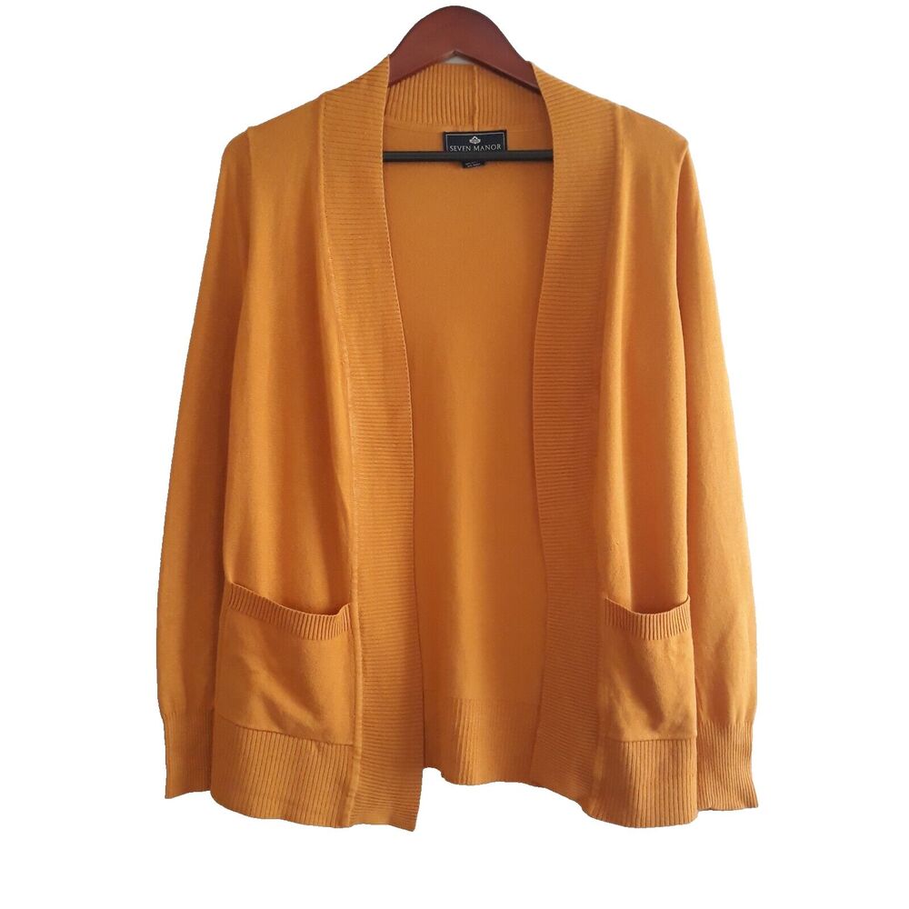 Seven Manor Open Front Cardigan Sweater Womens MediumYellow Pockets Light Weight